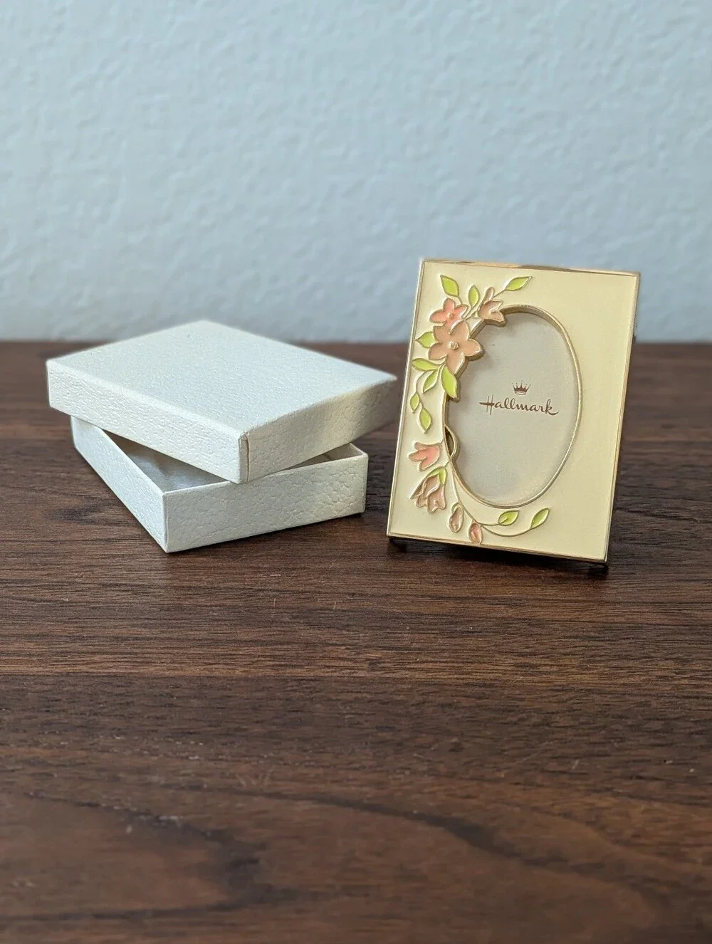 Vintage Hallmark Brass andEnamel Mini Picture Frame Floral Small 2.25x2.75